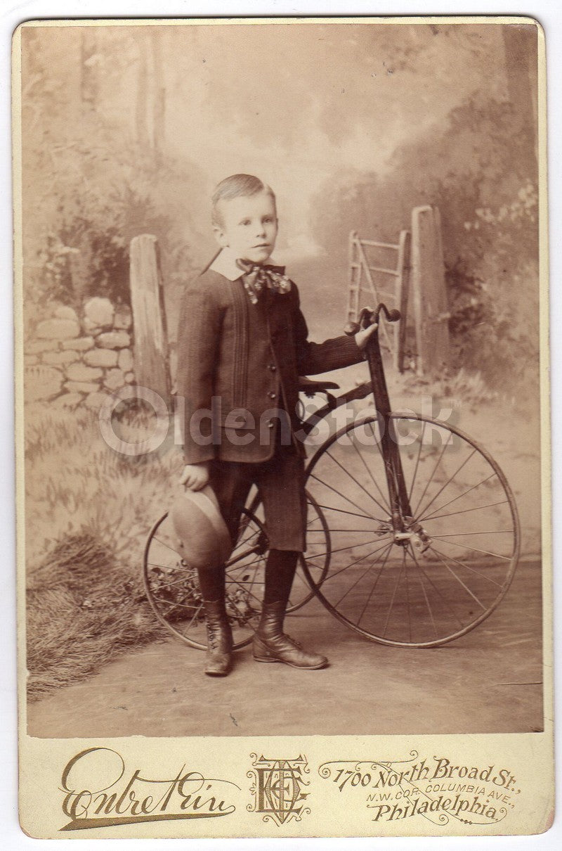 Cute Philadelphia Quaker Boy with High Wheel Tricycle Antique Cabinet Photo