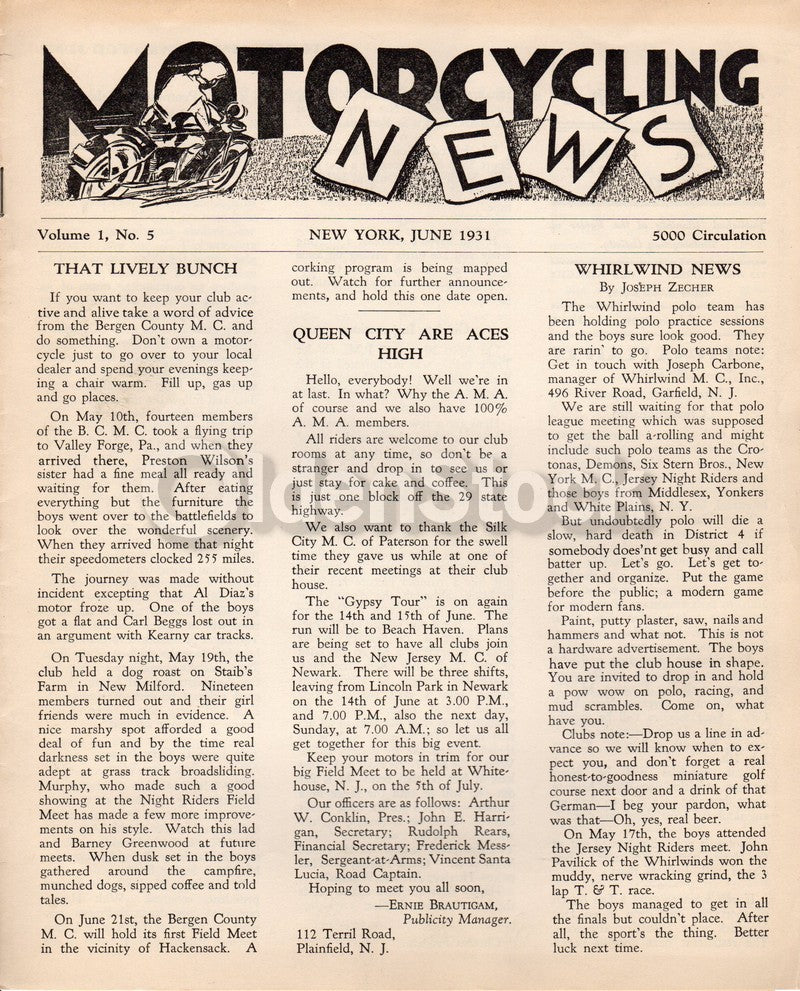 Motorcycling News Rider's Magazine Vol. 1 No. 5 Antique Motorbike News 1931