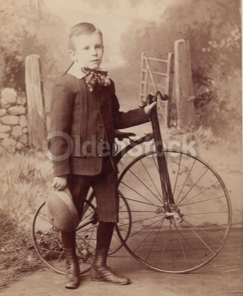 Cute Philadelphia Quaker Boy with High Wheel Tricycle Antique Cabinet Photo