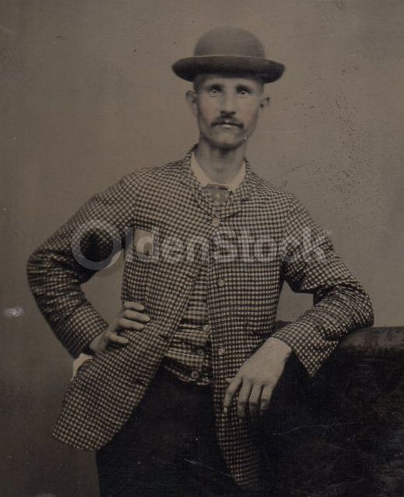Dapper Gent in a Checkered Jacket and Bowler Hat Antique Tintype Photo