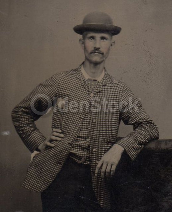 Dapper Gent in a Checkered Jacket and Bowler Hat Antique Tintype Photo