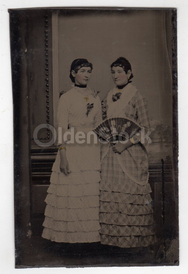 Woman in Plaid Dress with Victorian Fan and Gold Bracelet Antique Tintype Photo
