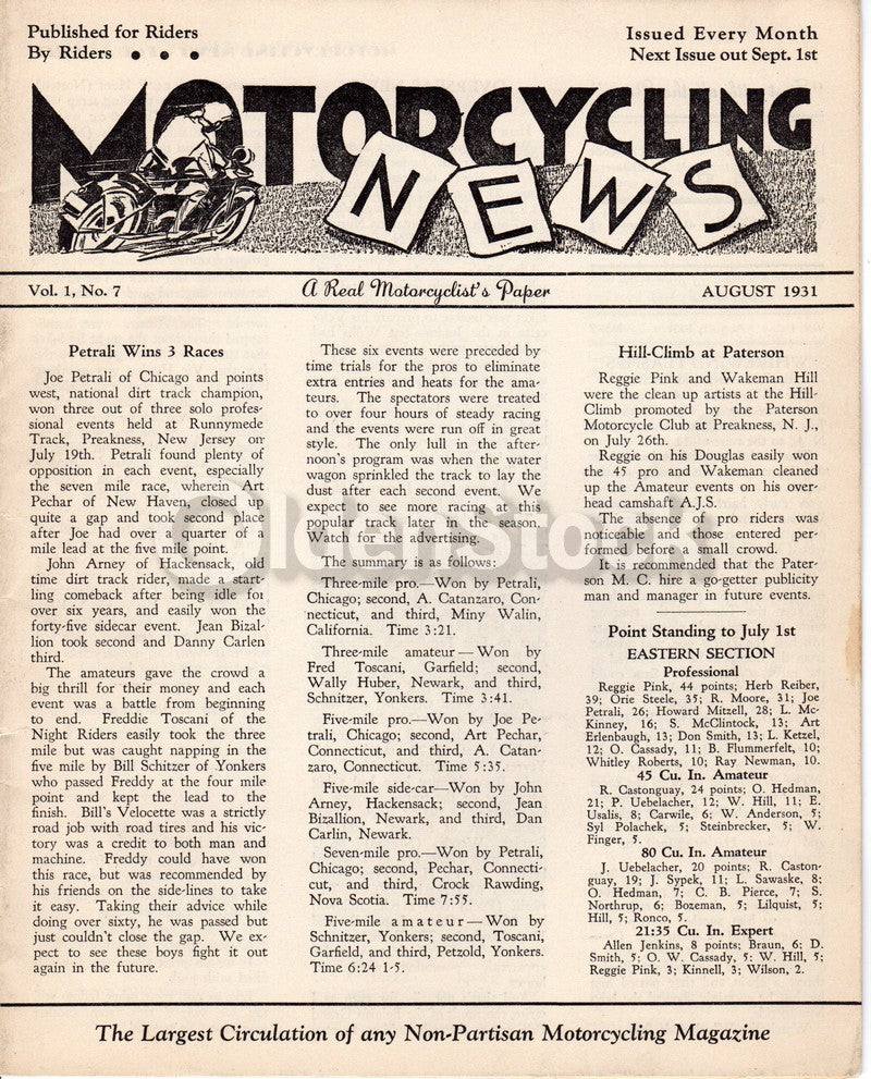 Motorcycling News Rider's Magazine Vol. 1 No. 7 Antique Motorbike News 1931