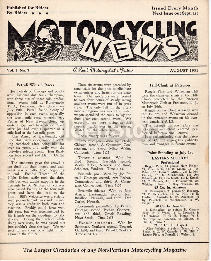 Motorcycling News Rider's Magazine Vol. 1 No. 7 Antique Motorbike News 1931