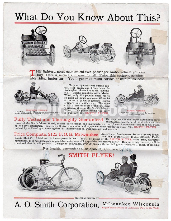 Smith Flyer Autocycle Motorcycle Milwaukee Wisconsin Antique Advertising Flyer