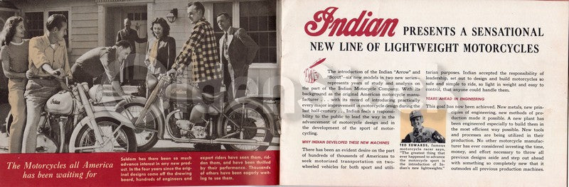 Indian Arrow and Scout Motorcycles Vintage Graphic Advertising Brochure 1949