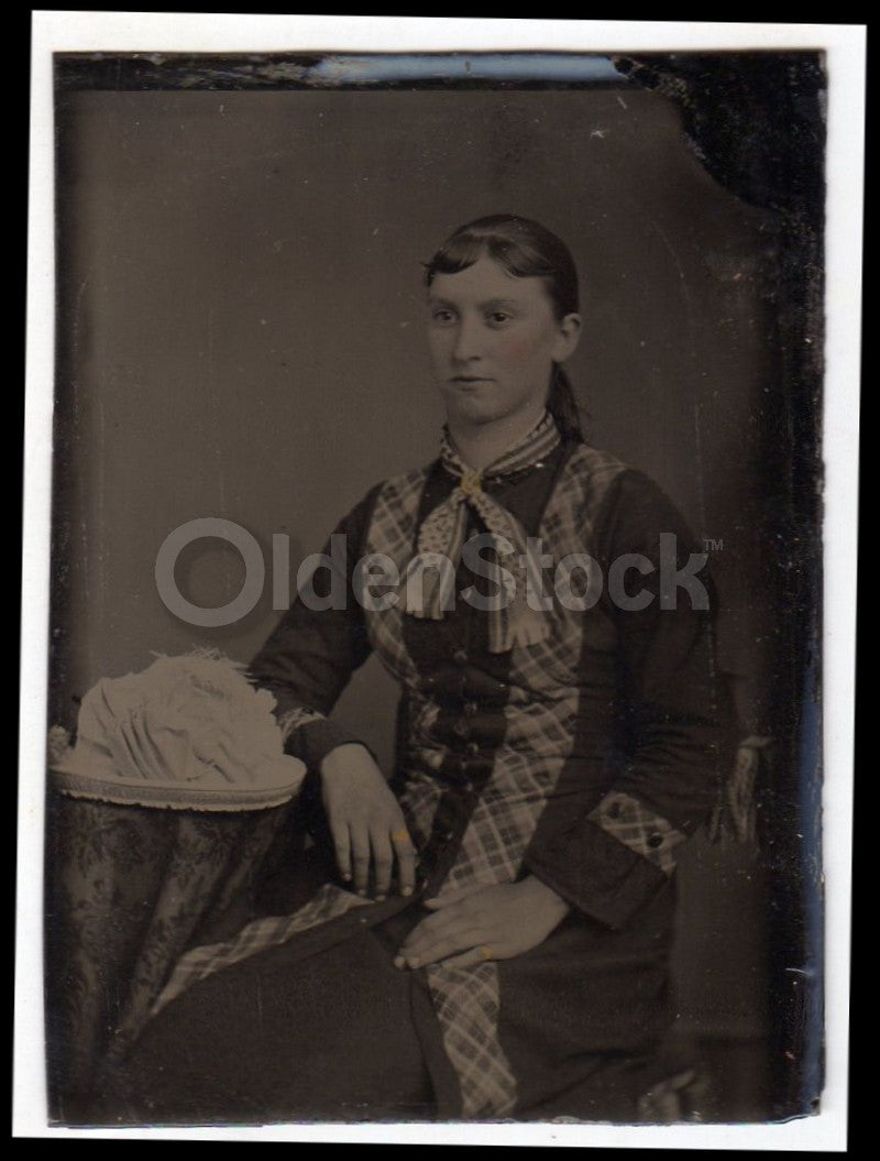 Young Woman in Plaid Trim Dress and Fancy Hat Crisp Antique Tintype Photo