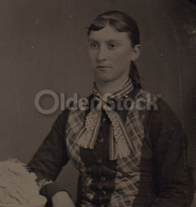 Young Woman in Plaid Trim Dress and Fancy Hat Crisp Antique Tintype Photo