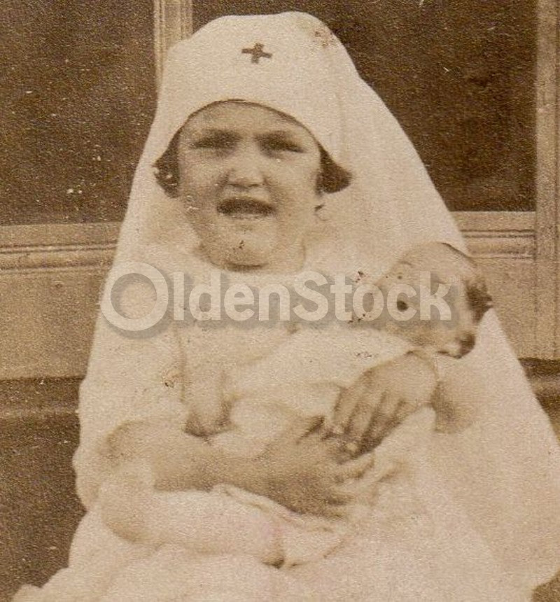 Cute Little Red Cross Girl and Her Composition Doll Antique WWI Snapshot Photo