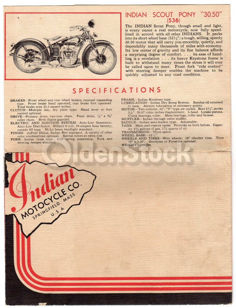 Indian Motorcycles Indian 4 and Scout Antique Graphic Advertising Brochure 1936
