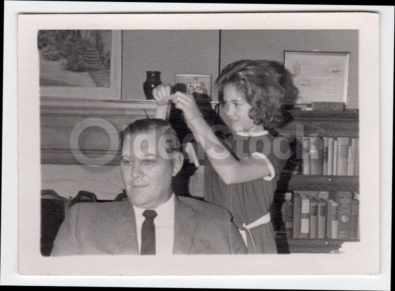 Mischievous Little Girl Styling Dad's Hair Fun Vintage 1950s Snapshot Photo