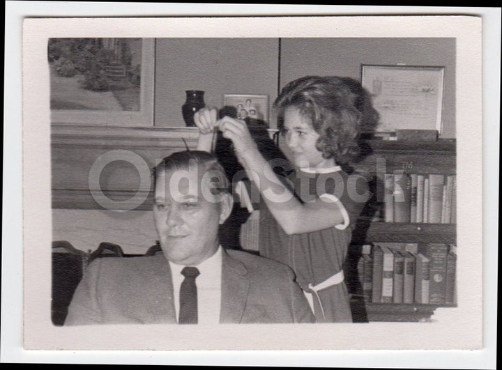 Mischievous Little Girl Styling Dad's Hair Fun Vintage 1950s Snapshot Photo