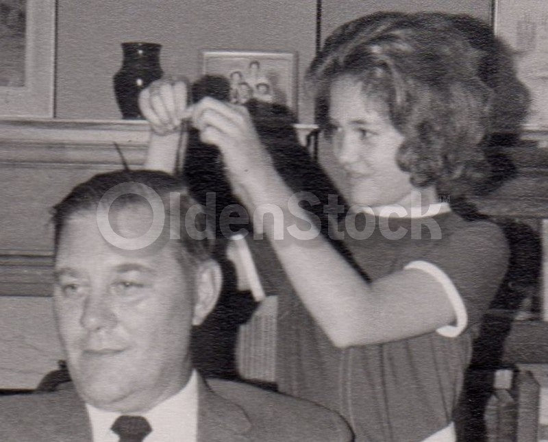 Mischievous Little Girl Styling Dad's Hair Fun Vintage 1950s Snapshot Photo