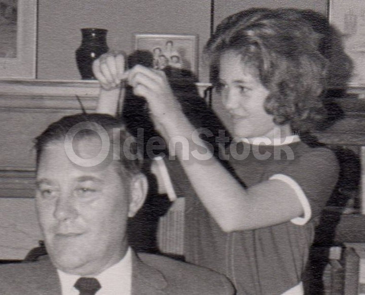 Mischievous Little Girl Styling Dad's Hair Fun Vintage 1950s Snapshot Photo