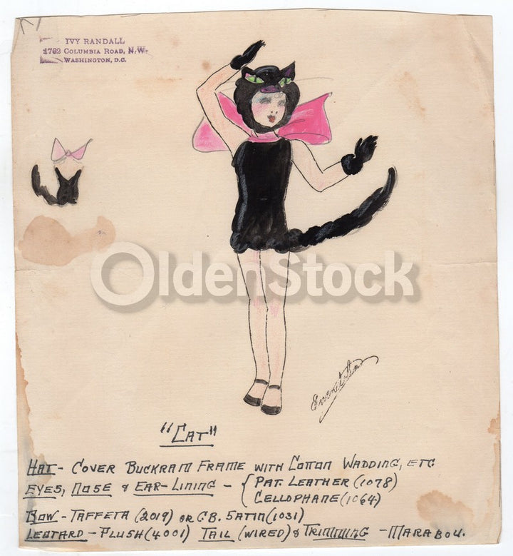 Cute Black Cat Kids Halloween Costume Vintage Costume Design Painting Sketch