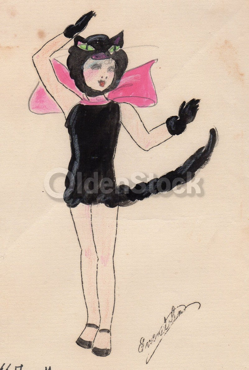 Cute Black Cat Kids Halloween Costume Vintage Costume Design Painting Sketch
