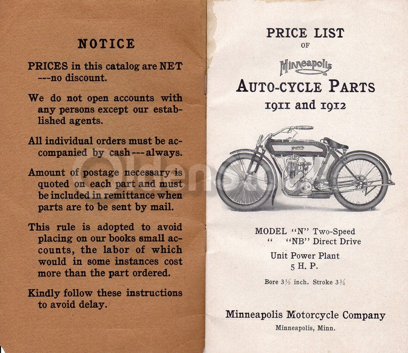 Minneapolis Motorcycle Company Antique Auto-Cycle Parts Booklet 1911 - 1912