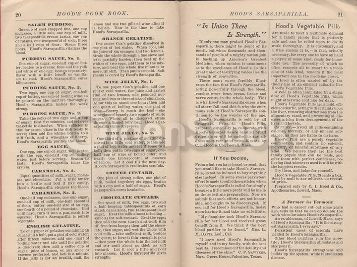 Hood's Sarsaparilla Apothecary Medicines Lowell MA Vintage Reprint Cookbook
