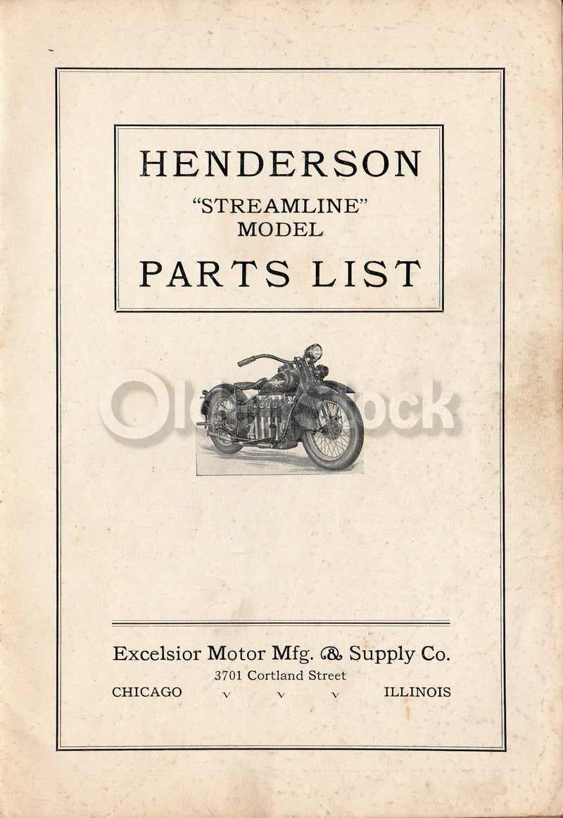 Henderson Motorcycles Chicago Illinois Antique Streamline Bike Parts List 1920s