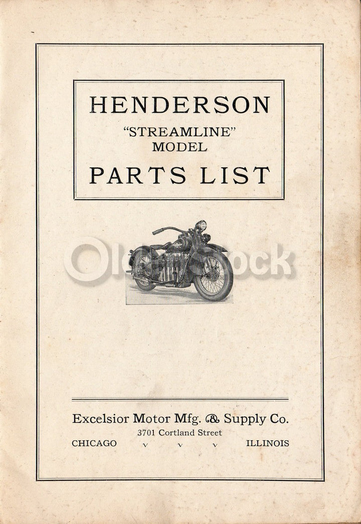 Henderson Motorcycles Chicago Illinois Antique Streamline Bike Parts List 1920s