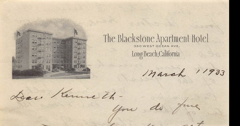 Blackstone Apartments Hotel Long Beach California Antique Letterhead 1933