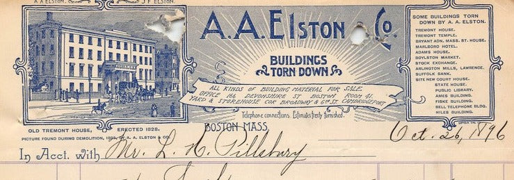 A.A. Elston Old Tremont House Demolition Boston MA Antique Advertising Letter 1896