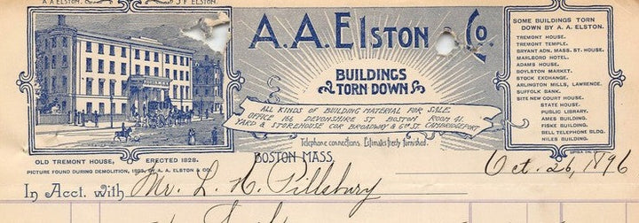 A.A. Elston Old Tremont House Demolition Boston MA Antique Advertising Letter 1896