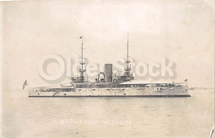 USS Battleship Wisconsin Pacific Fleet Navy Flagship in Philippines Antique Photo