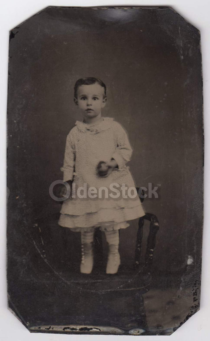 Cute Little Boy in Dress Standing on a Chair Nice Crisp Antique Tintype Photograph