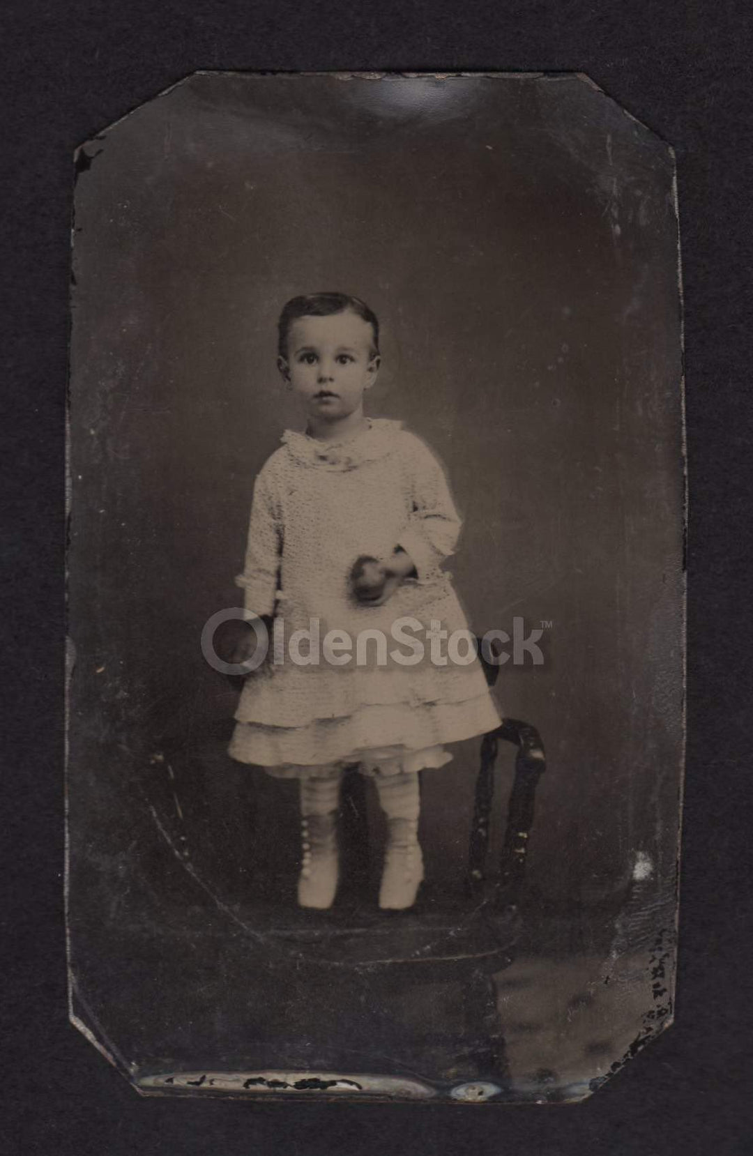 Cute Little Boy in Dress Standing on a Chair Nice Crisp Antique Tintype Photograph