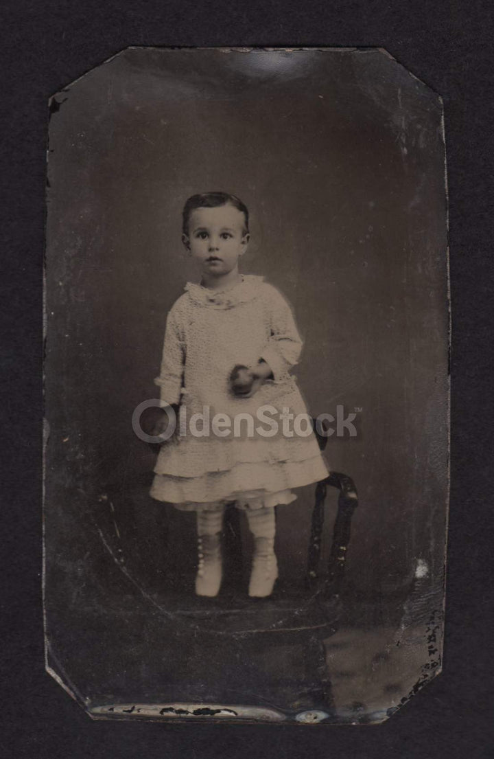 Cute Little Boy in Dress Standing on a Chair Nice Crisp Antique Tintype Photograph