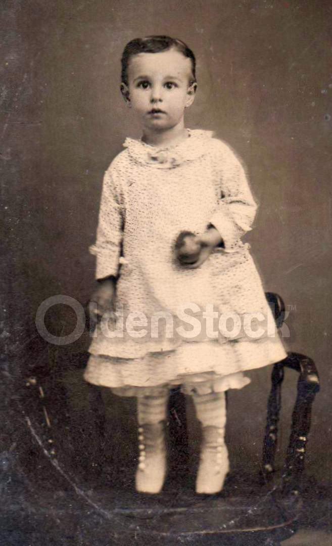 Cute Little Boy in Dress Standing on a Chair Nice Crisp Antique Tintype Photograph