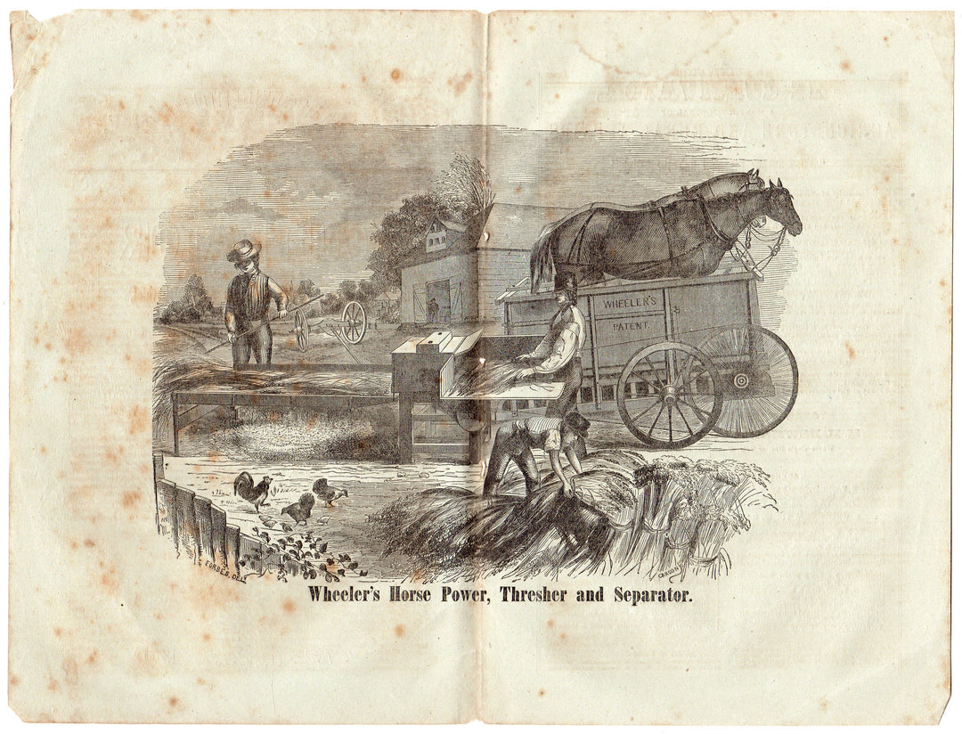 Wheeler's Patent Horse Power Thresher Farm Machine Antique Engraving Print 1850