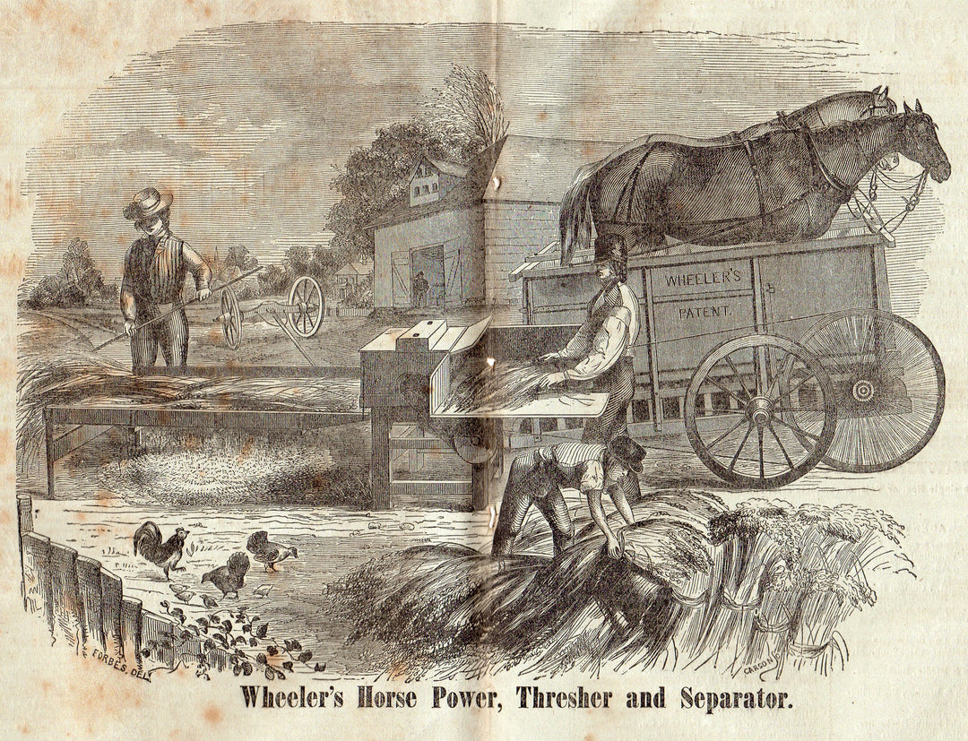 Wheeler's Patent Horse Power Thresher Farm Machine Antique Engraving Print 1850