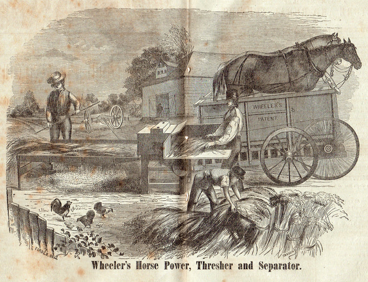 Wheeler's Patent Horse Power Thresher Farm Machine Antique Engraving Print 1850