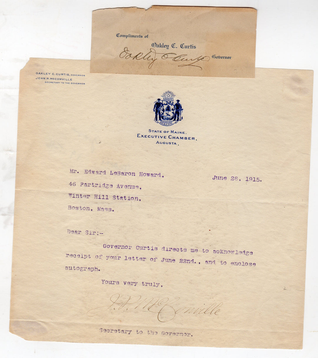 Oakley Curtis Maine Governor Original Antique Autograph Signature Letter 1915