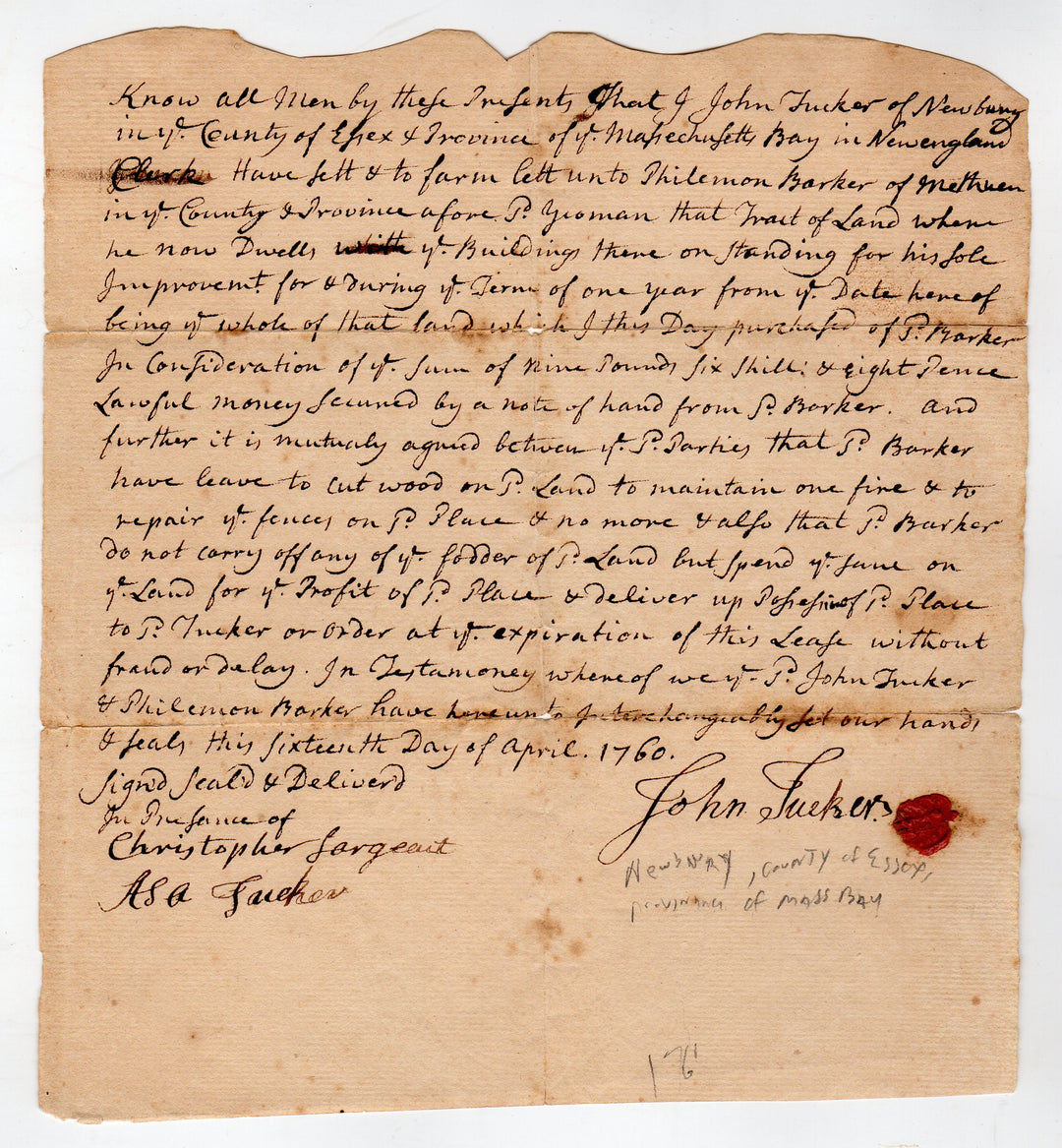John Tucker Newbury Massachusetts Bay Pastor Antique Autograph Signed Letter