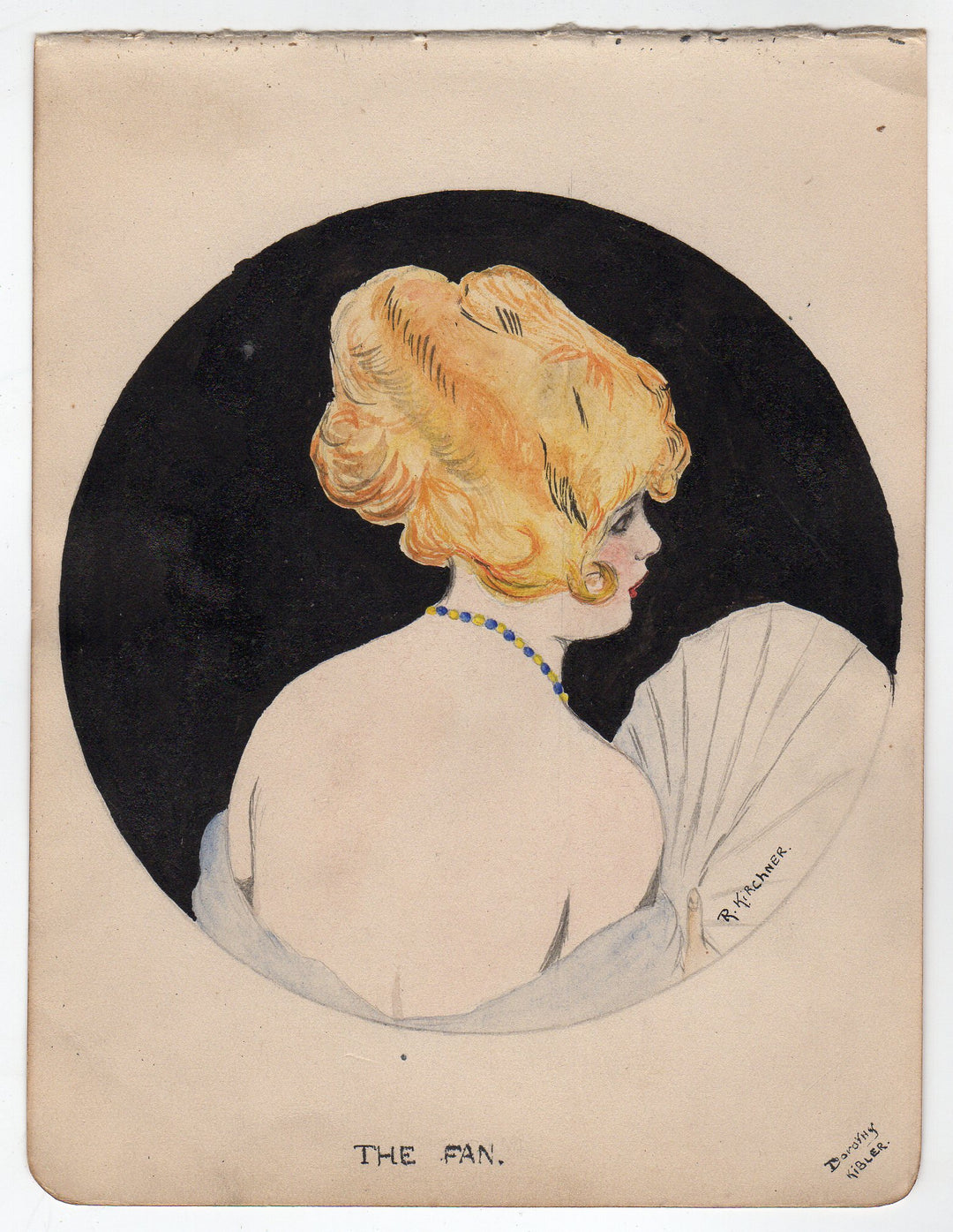 The Fan Flapper Girl Antique Signed Watercolor Painting after Raphael Kirchner
