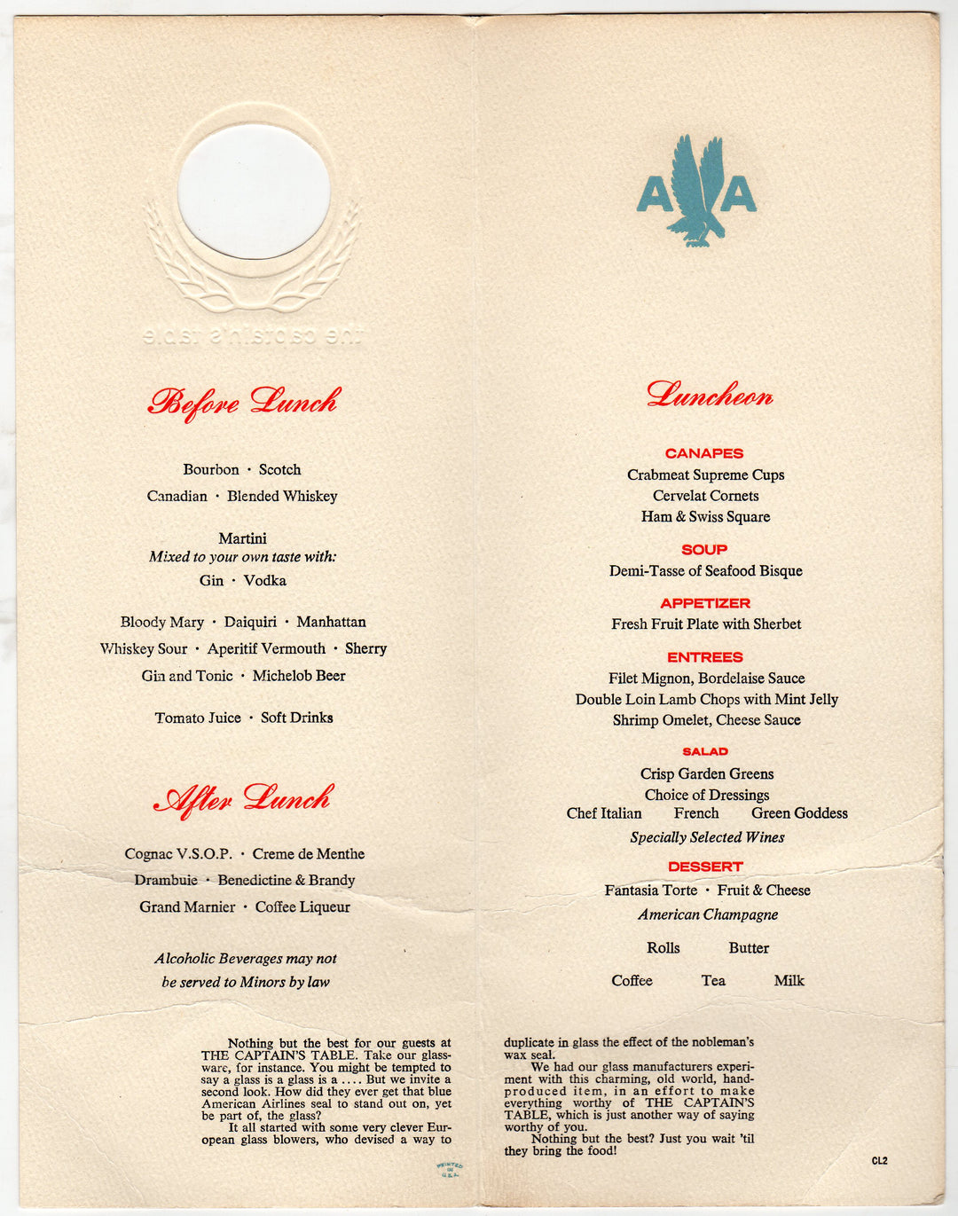 American Airlines Captain's Table Vintage Advertising In Flight Lunch Menu