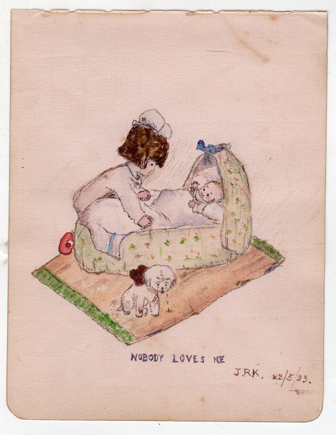 New Baby Puppy Dog Love Humor Antique Folk Art Signed Watercolor Painting 1923