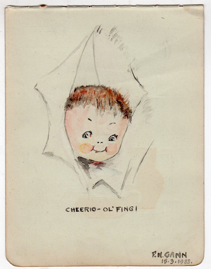 Cheerio! Cute Peek-a-Boo Cartoon Antique Signed Watercolor Painting 1933