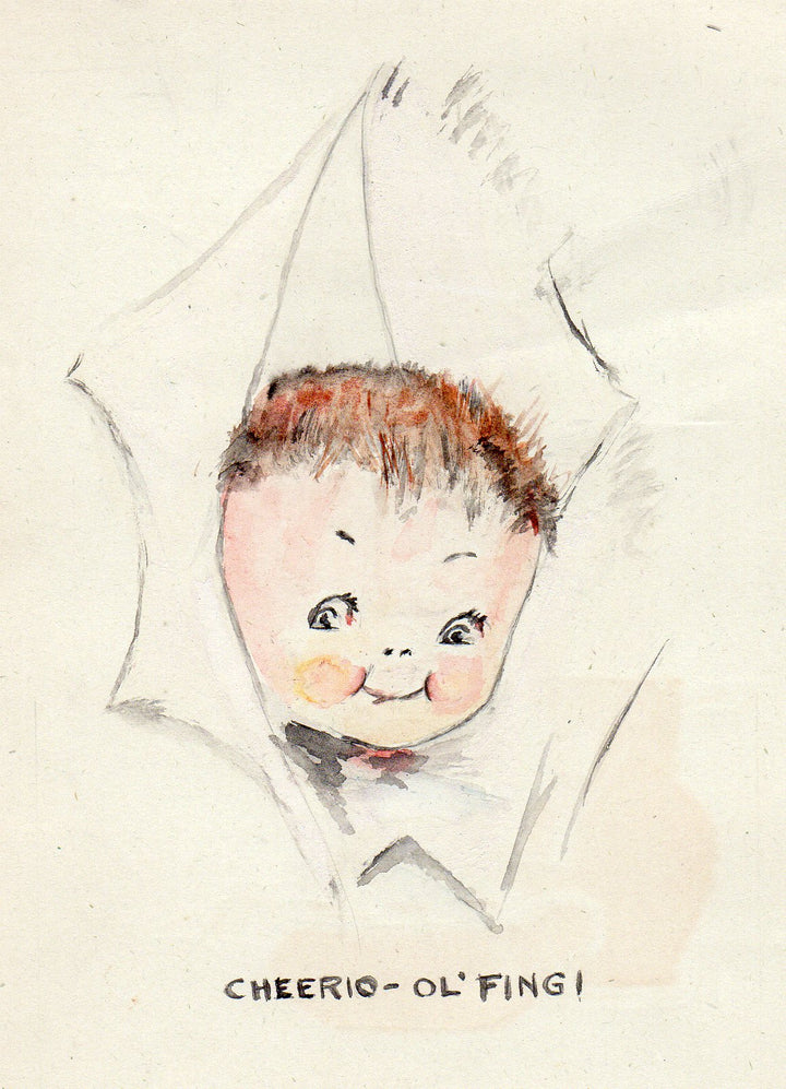 Cheerio! Cute Peek-a-Boo Cartoon Antique Signed Watercolor Painting 1933