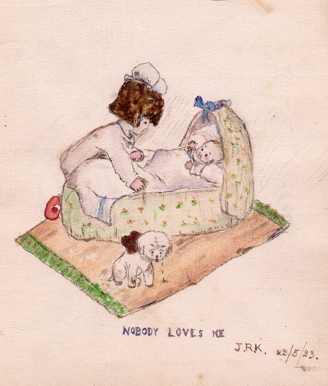 New Baby Puppy Dog Love Humor Antique Folk Art Signed Watercolor Painting 1923