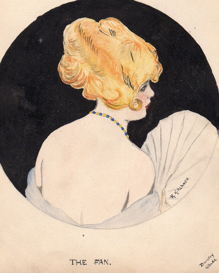 The Fan Flapper Girl Antique Signed Watercolor Painting after Raphael Kirchner