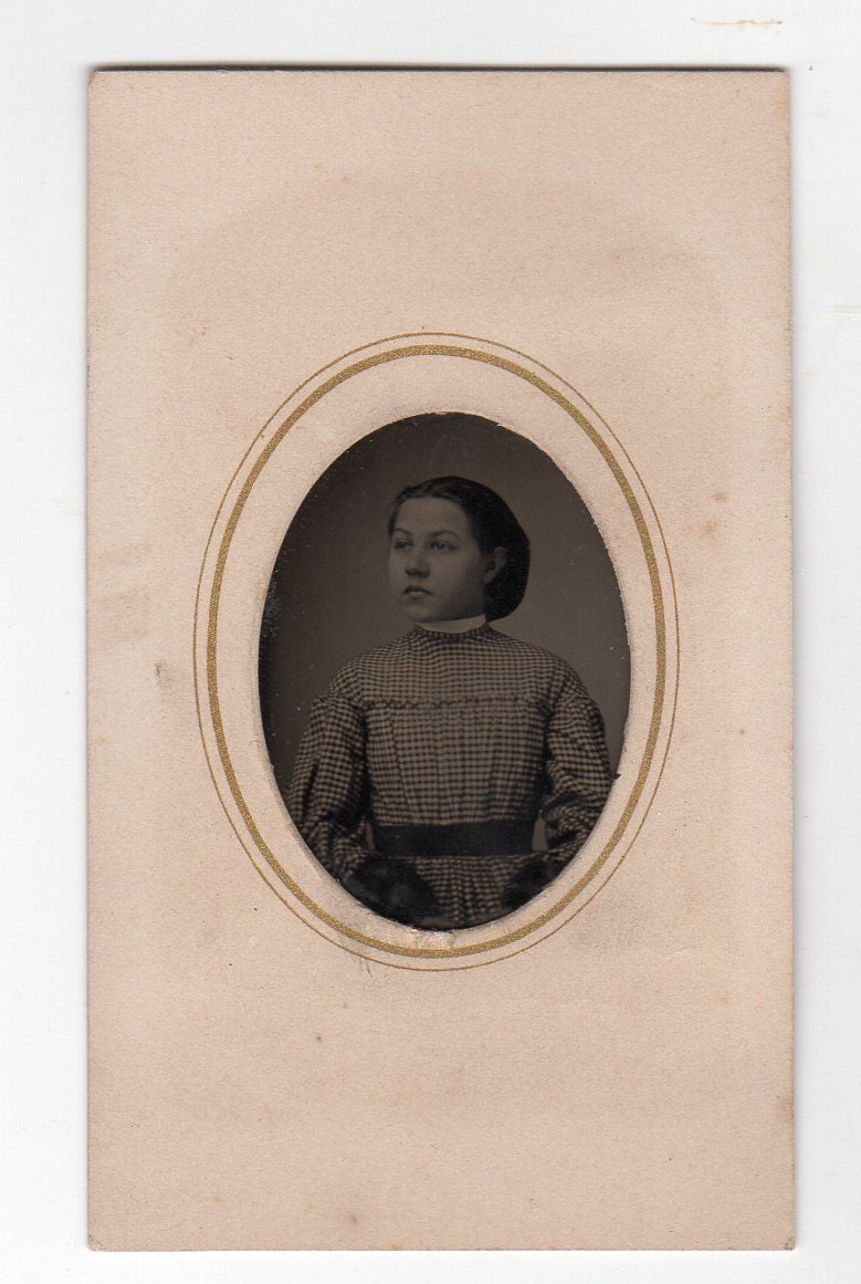 Lovely Young Girl in Fine Checkered Dress Antique Tintype Photograph