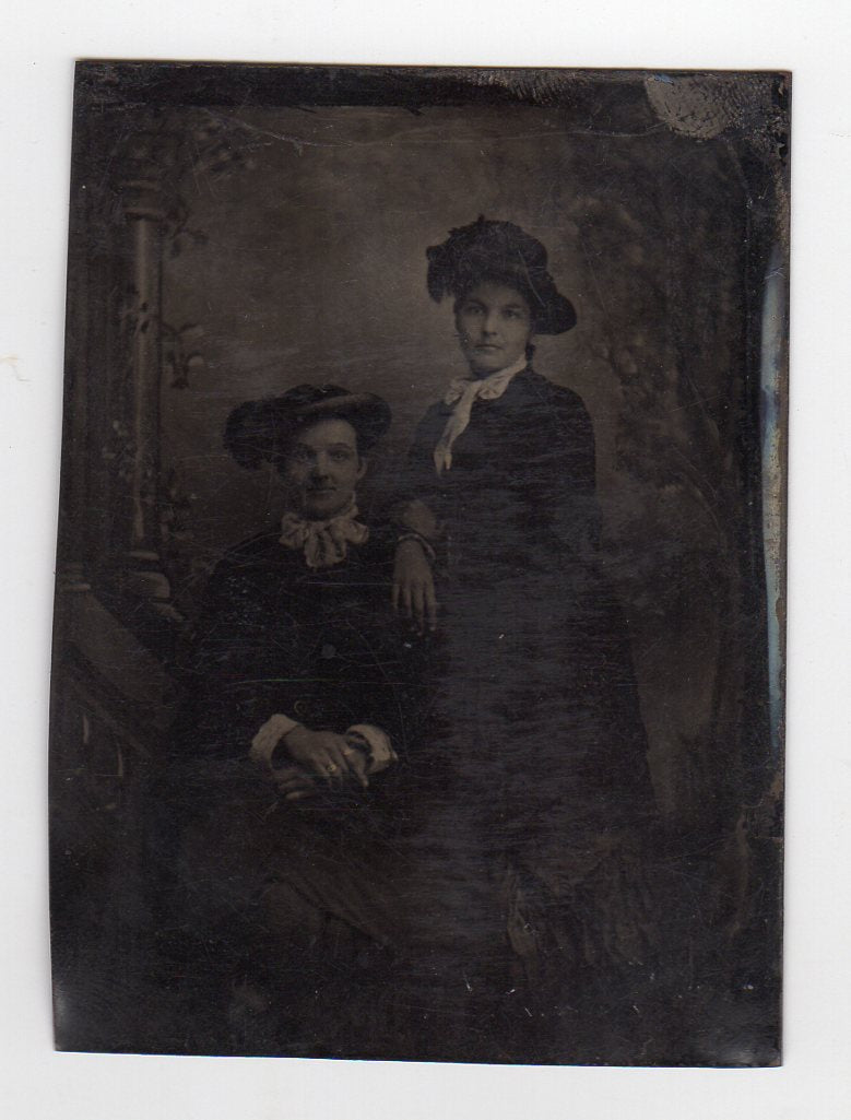 Man in Feminine Dress Gold Rings with Wife Antique Tintype Photograph