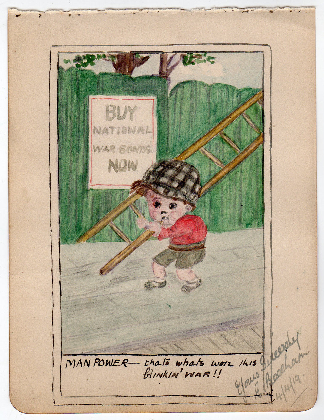 WWI War Bonds Poster Humor Original Antique Pencil and Ink Sketch Drawing 1919
