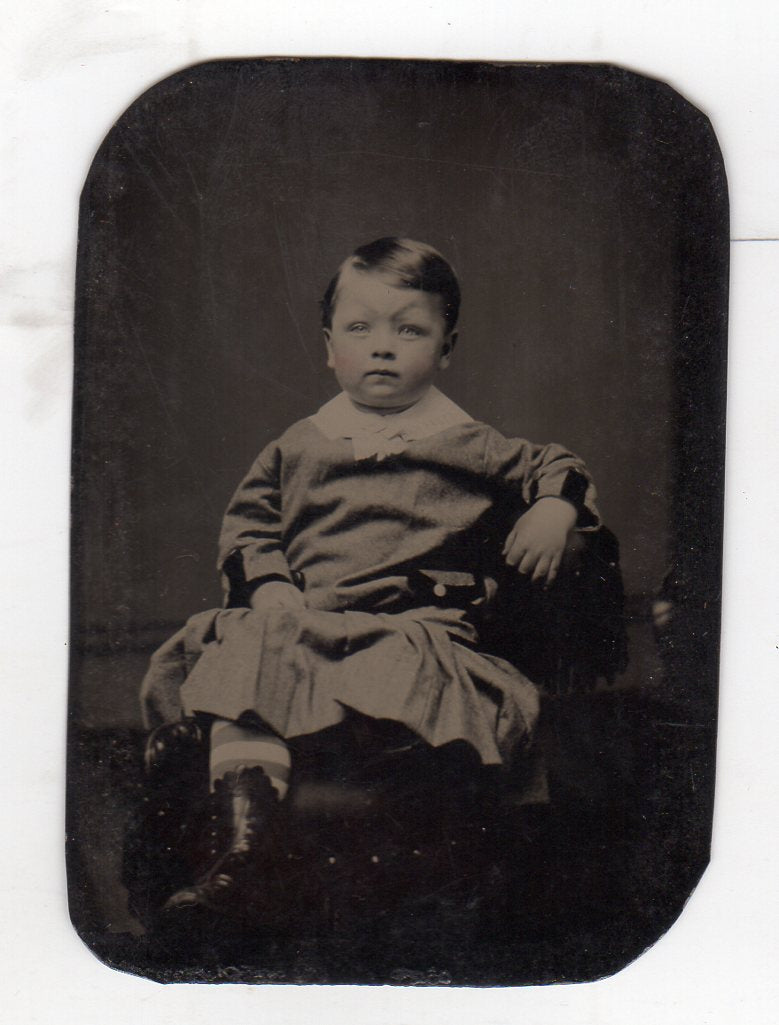 Cute Little Boy with Crazy Eyebrows & Fun Socks Antique Tintype Photograph