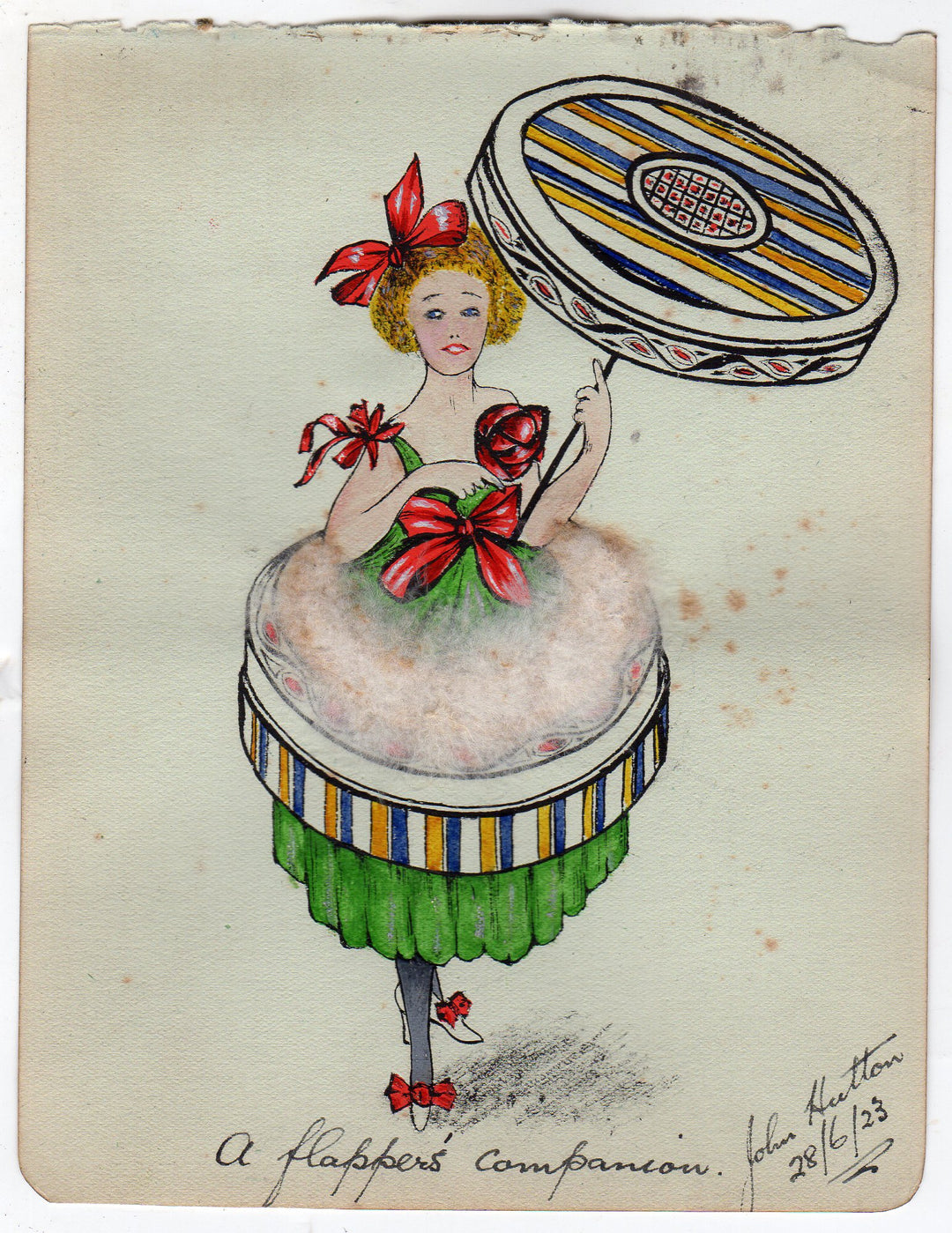 Flapper Makeup Compact Costume Humorous Fashion Antique Watercolor Painting 1923