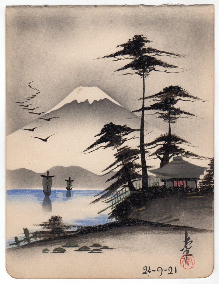 Mount Fuji Japan Asian Art Scene Original Signed Japanese Antique Painting 1946